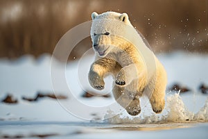 Cute baby polar bear playing in the water and jumping, Generative AI