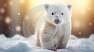 A cute baby polar bear in snow winter