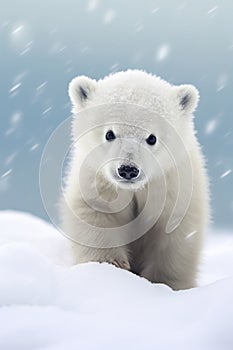 A cute baby polar bear in snow winter