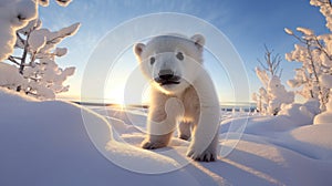 A cute baby polar bear in snow winter