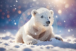 Cute baby polar bear in snow winter snowflakes. ai generative