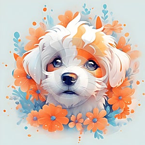 cute baby puppy dog flower illustration
