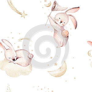 Cute baby rabbit animal seamless dream pattern comet with gold starsin night sky, forest bunny illustration for children