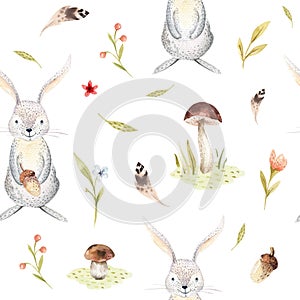 Cute baby rabbit animal seamless pattern for kindergarten, nursery isolated illustration for children clothing