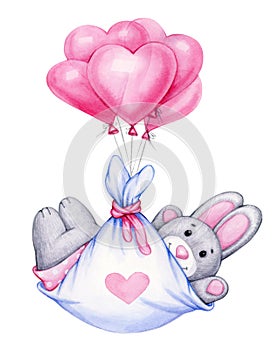 Cute  baby rabbit cartoon with balloons.