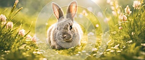 Cute baby rabbit on a green lawn sunshine