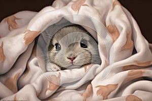 Cute baby rabbit peeking out from under the blanket,  Animal theme