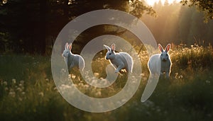 Cute baby rabbit running in green meadow at sunset generated by AI