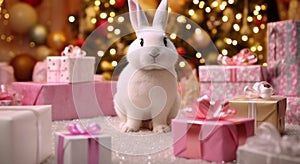 Cute baby rabbit sitting in a decorated gift box indoors generated by AI