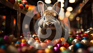 Cute baby rabbit sitting, looking at gift, celebrating indoors generated by AI