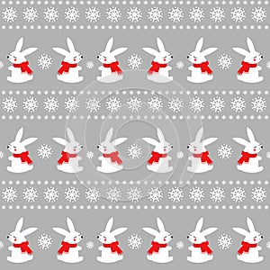 Cute baby rabbits with snowflakes seamless pattern on grey background.