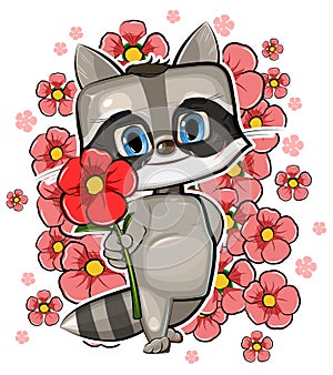 Cute baby Raccon holding out a red flower. Funny animal baby. Illustration for children. Isolated over white background