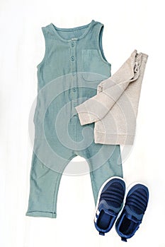 Cute baby romper,bodysuit,sneakers with jumper. Set of kids,childrens clothes and accessories in pastel blue gender