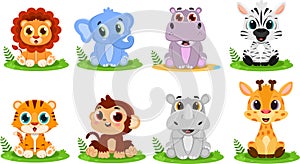Cute Baby Safari Animal Cartoon Characters. Vector Flat Design Collection Set