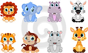 Cute Baby Safari Animals Cartoon Characters. Vector Flat Design Collection Set