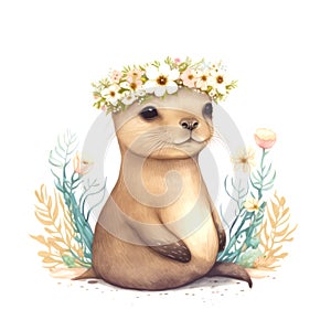 Cute baby sea lion in a floral crown made of spring flowers. Cartoon character for postcard, birthday, nursery decor.