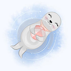 Cute baby seal and ball floating in the sea watercolor illustration