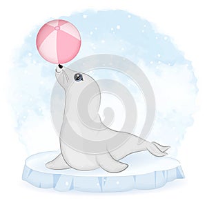Cute baby seal and ball on ice floe animal watercolor illustration