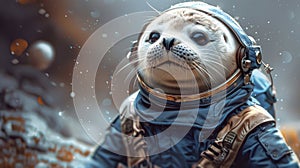 Cute baby seal dressed in the spacesuite