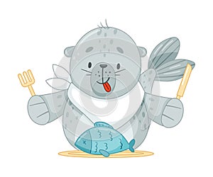 Cute baby seal eating fish. Funny adorable arctic animal character cartoon vector illustration