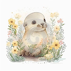 Cute Baby seal Floral, Spring Flowers, illustration ,clipart, isolated on white background