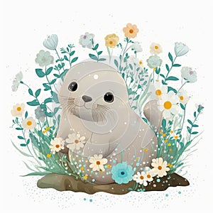 Cute Baby seal Floral, Spring Flowers, illustration ,clipart, isolated on white background