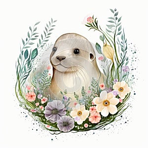 Cute Baby seal Floral, Spring Flowers, illustration ,clipart, isolated on white background