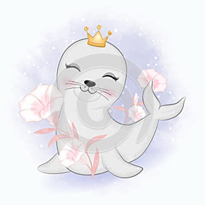 Cute baby seal and flowers animal watercolor illustration
