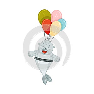 Cute baby seal flying with inflatable balloons. Funny adorable arctic animal character cartoon vector illustration
