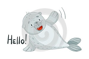Cute baby seal greeting with paw gesture. Funny adorable arctic animal character cartoon vector illustration