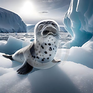 Cute baby seal on ice with artic sea background