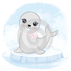 Cute baby seal on ice floe animal watercolor illustration