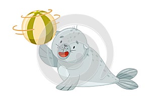 Cute baby seal playing with ball. Funny adorable arctic animal character cartoon vector illustration