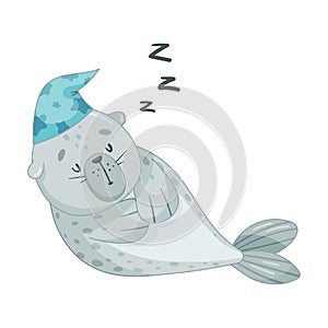Cute baby seal sleeping wearing bonnet . Funny adorable arctic animal character cartoon vector illustration