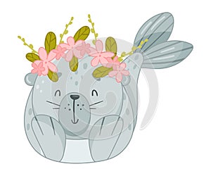 Cute baby seal in wreath of flowers. Funny adorable arctic animal character cartoon vector illustration