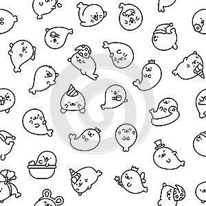 Cute baby seals. Seamless pattern. Coloring Page