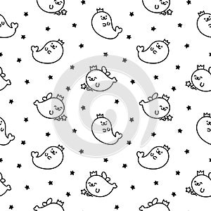 Cute baby seals. Seamless pattern. Coloring Page