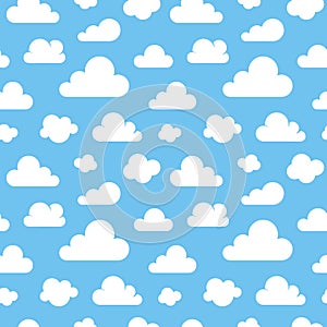 Cute baby seamless pattern with blue sky with white clouds flat icons. Cloud symbols background for kids fabric, nursery