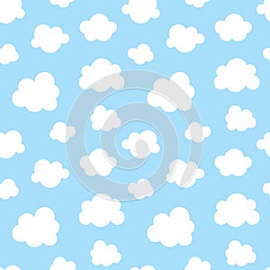 Cute baby seamless pattern with blue sky with white clouds flat icons. Cloud symbols background for kids fabric, nursery