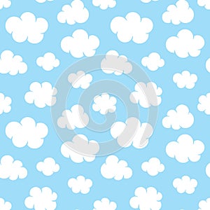 Cute baby seamless pattern with blue sky with white clouds flat icons. Cloud symbols background for kids fabric, nursery