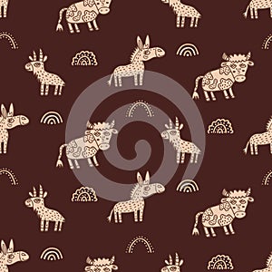 Cute baby seamless pattern of farm animals: cow, donkey, goat. Monochrome brown background with ranch character.