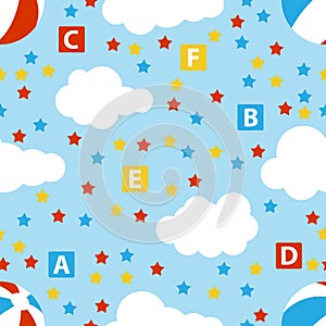 Cute baby seamless pattern with stars, cubes, beach ball, clouds, rainbow. Seamless watercolor clouds and stars pattern. Vector