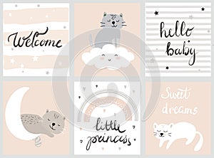 Cute baby set vector illustations for nursery or baby shower with cats,moon, cloud, stars