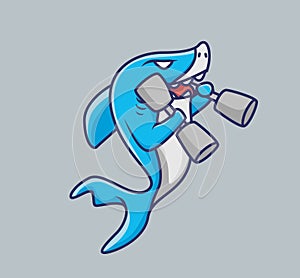 cute baby shark lifting a dumbbell fitness gym. cartoon animal sports concept  illustration. Flat Style suitable for