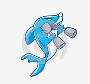cute baby shark lifting a dumbbell fitness gym. cartoon animal sports concept Isolated illustration. Flat Style suitable for