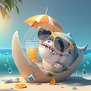 Cute baby shark lying down on a shell hamaca, in an island, drinking orange juice, wearing sunglasses, generative Ai photo