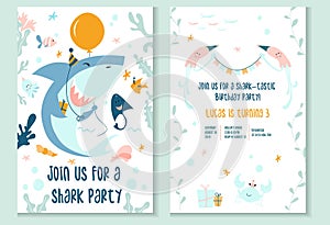 Cute baby shark party invitation template