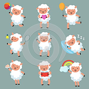 Cute baby sheep. Funny cartoon woolly lamb vector characters
