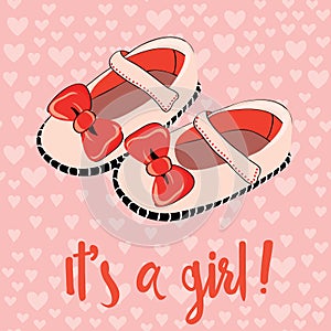 Cute baby shoes for newborn girl. It`s a girl invitation for a party. Vector illustration on heart pattern background