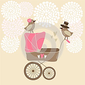 Cute baby shower card with baby carriage,